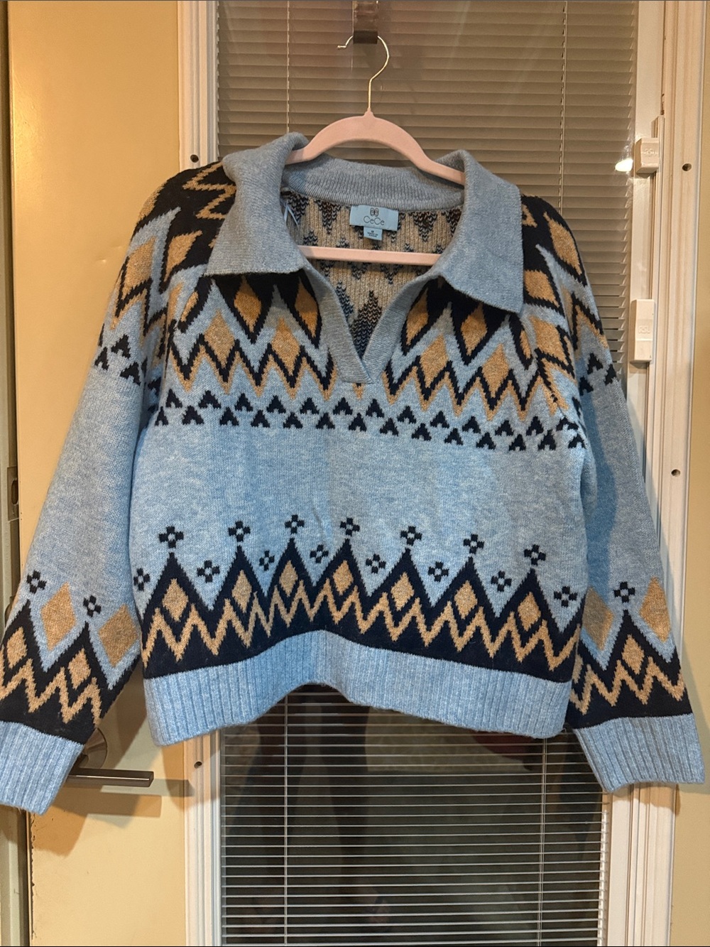 CeCe Light Blue Geometric V-Neck Sweater with Navy & Tan Accents